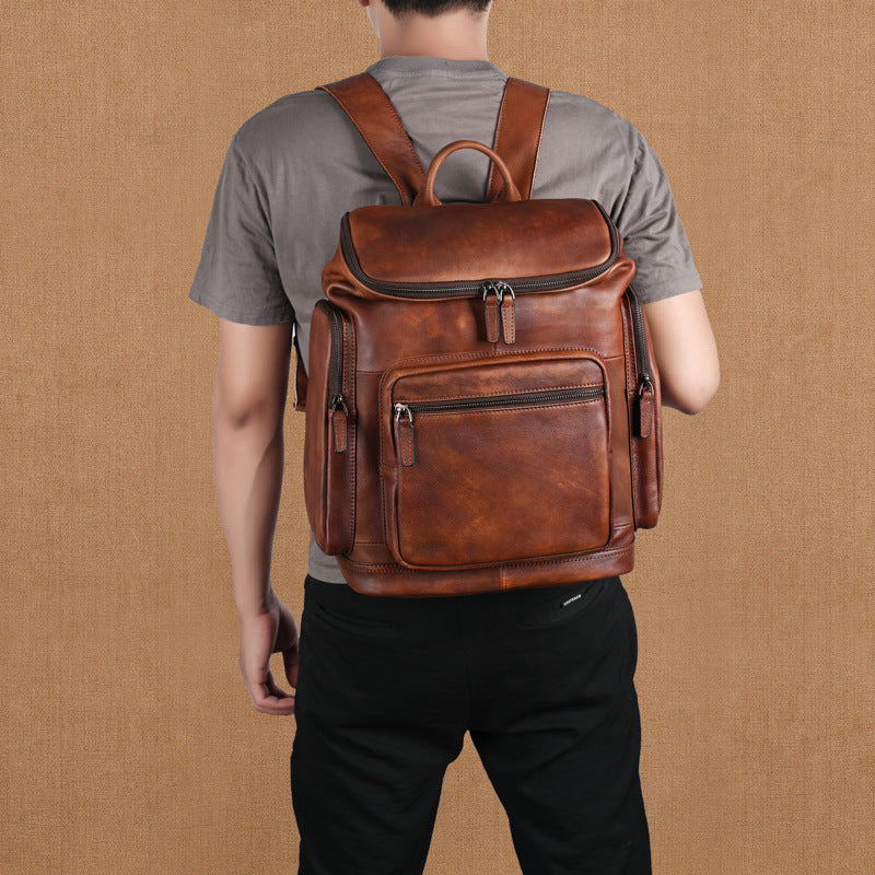 Genuine Retro Double-layer Cowhide Backpack For Men, Outdoor Leisure Travel Backpack