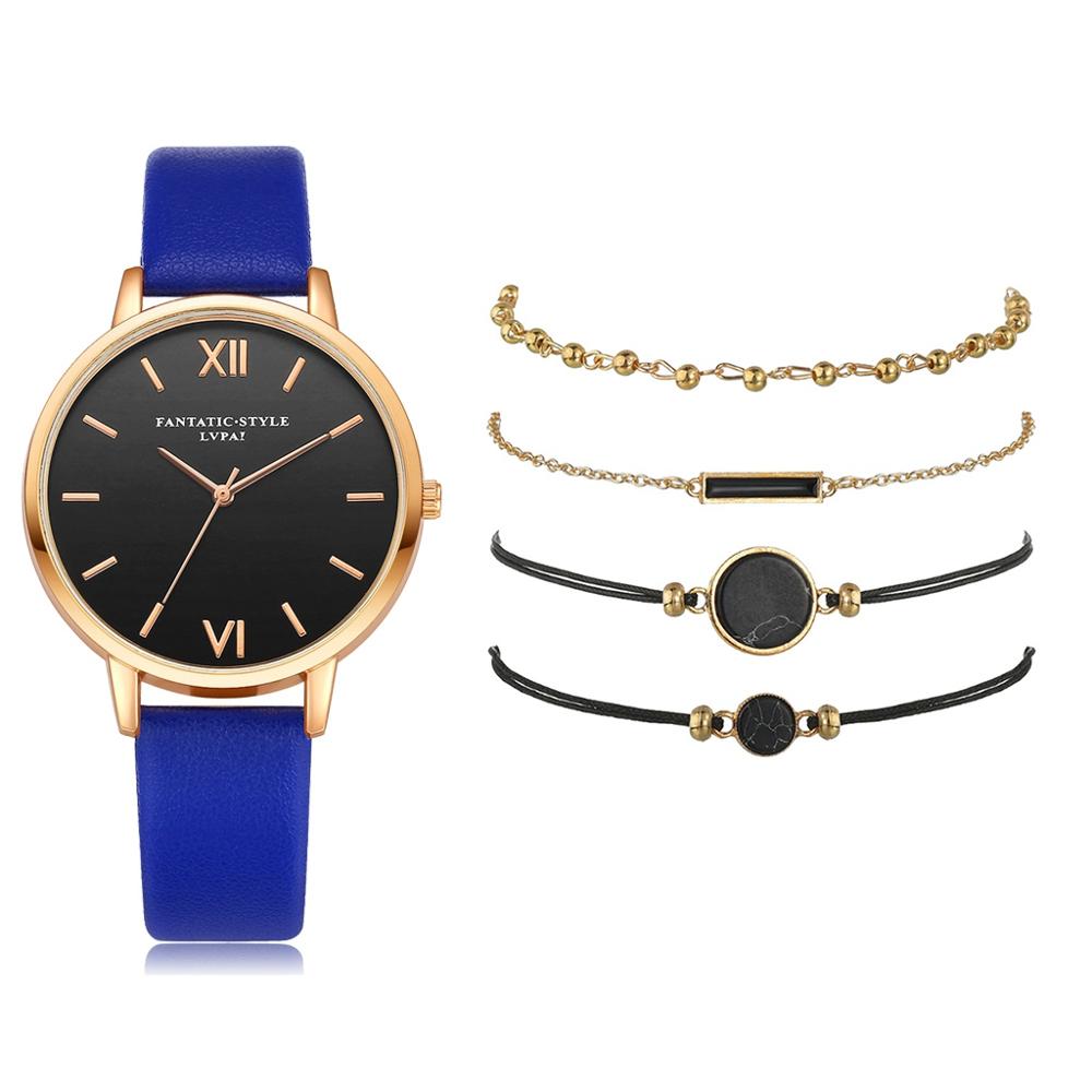 Women's Luxury Leather Band Quartz Watch Set 5 Pcs