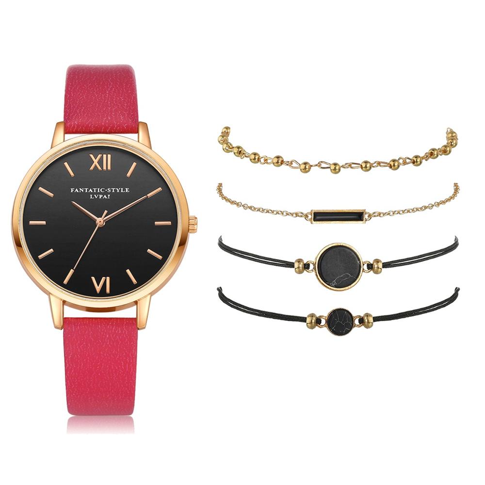 Women's Luxury Leather Band Quartz Watch Set 5 Pcs
