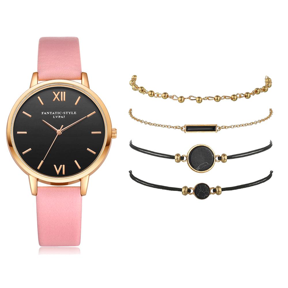 Women's Luxury Leather Band Quartz Watch Set 5 Pcs