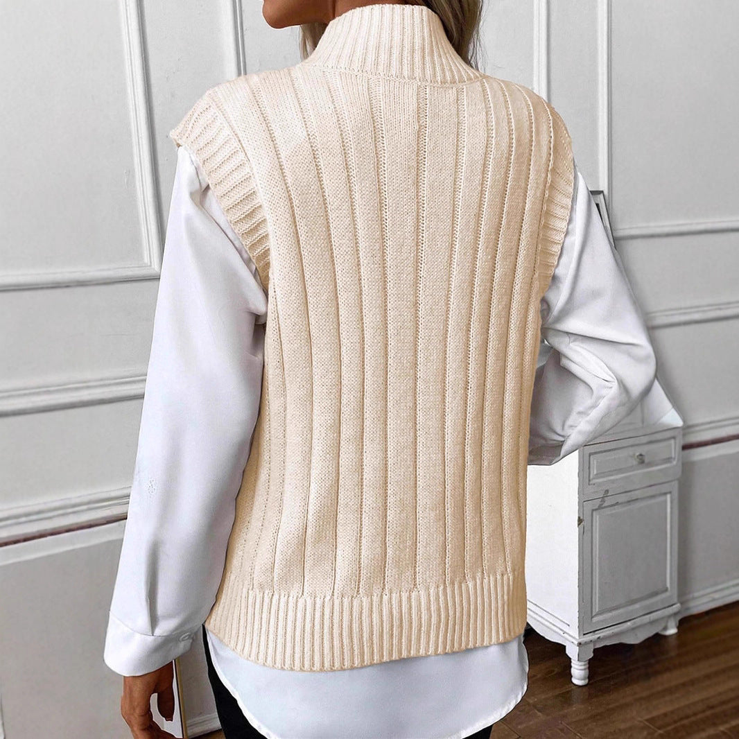 Women's Fashion Short Sleeveless High Neck Knit Sweater