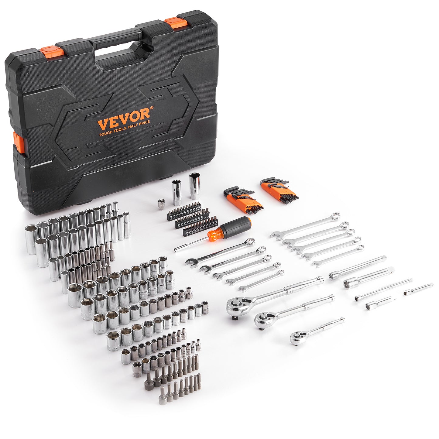 VEVOR Mechanics Tool Set And Socket Set,  Drive Deep And Standard Sockets, 205 Pcs SAE And Metric Mechanic Tool Kit With Bits, Combination Wrench, Hex Wrenches, Accessories, Storage Case