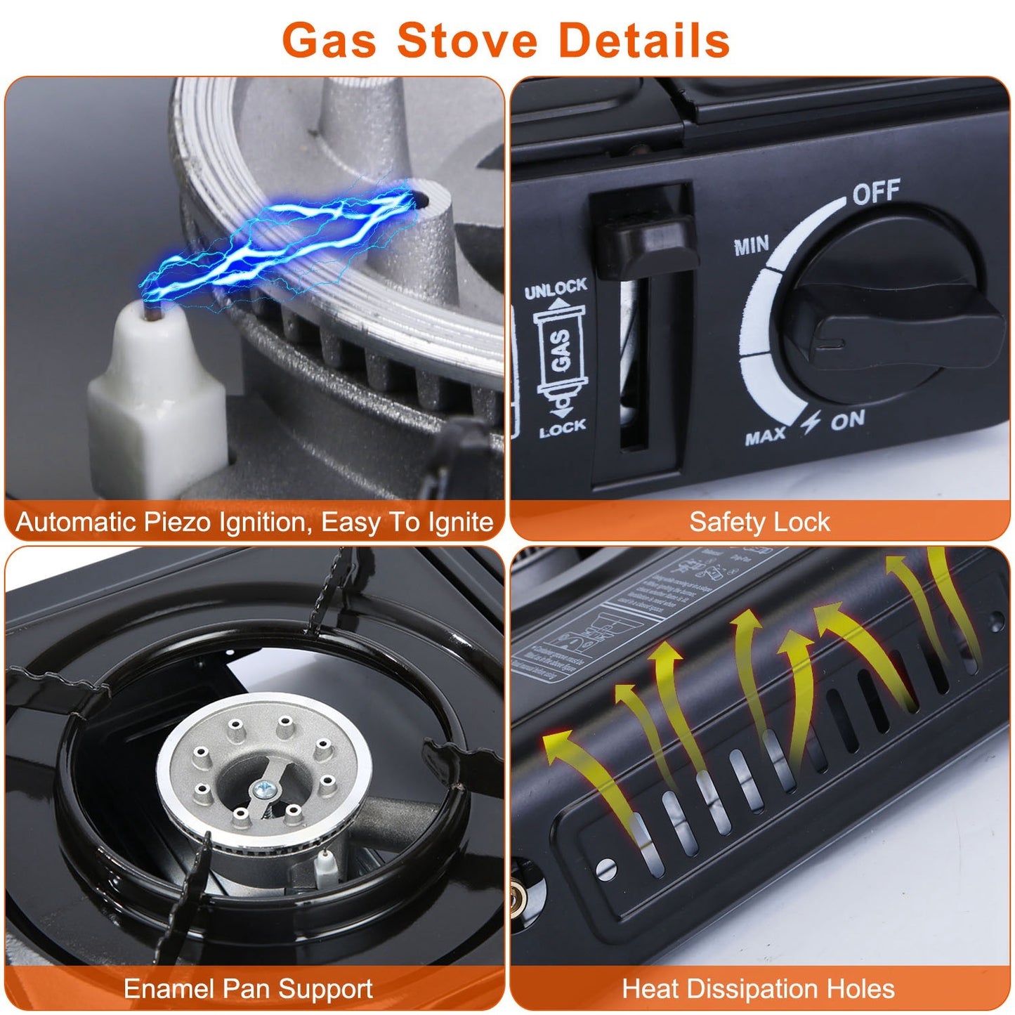 1Pc 3300W Portable Camping Stove Butane Canister Dual Fuel Burner Piezo Electric Ignition Single Burner With Automatic Tank Ejection Overpressure Cut Off Carry Case For Camping Hiking Picnic Fishing B