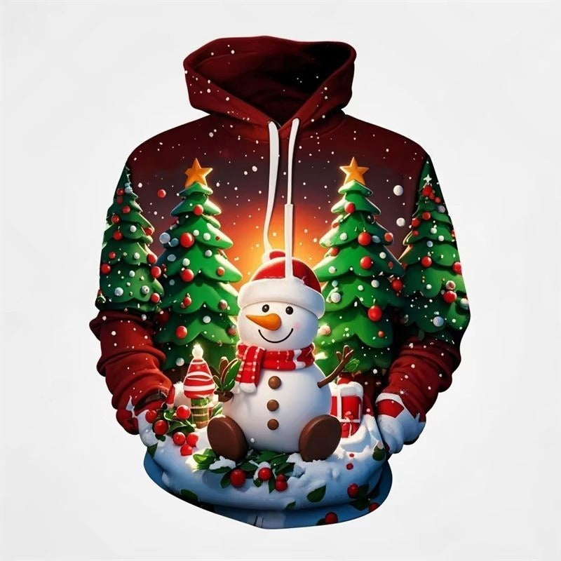 Christmas Snowman And Tree 3D Print Casual Hooded Sweatshirt