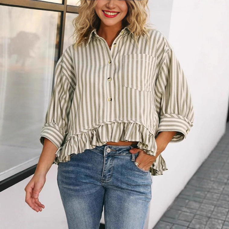 Women's Casual Loose Striped Shirt With Ruffled Hem And Short Sleeves