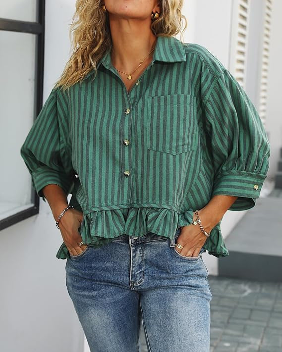 Women's Casual Loose Striped Shirt With Ruffled Hem And Short Sleeves