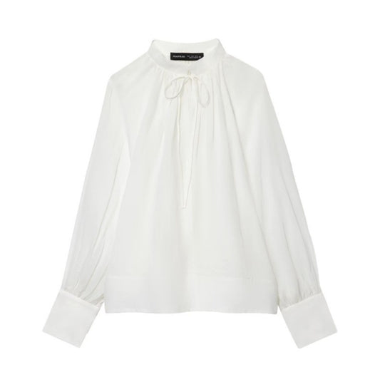 Women's Stand-up Collar Striped Lantern Long Sleeve Top