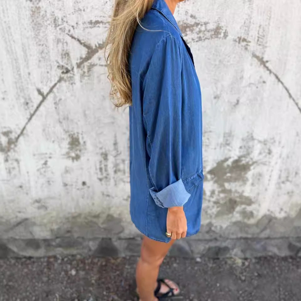 Lapel Shirt Jacket Ins Fashion Solid Color Long-sleeved Denim Top Autumn And Spring Casual Daily Streetwear Women's Clothing