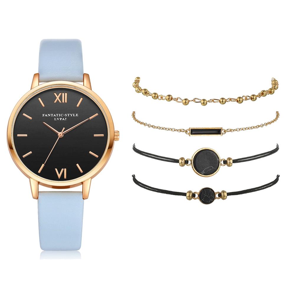 Women's Luxury Leather Band Quartz Watch Set 5 Pcs