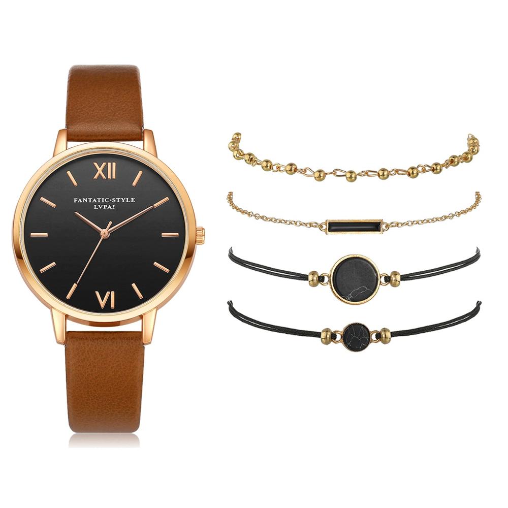Women's Luxury Leather Band Quartz Watch Set 5 Pcs