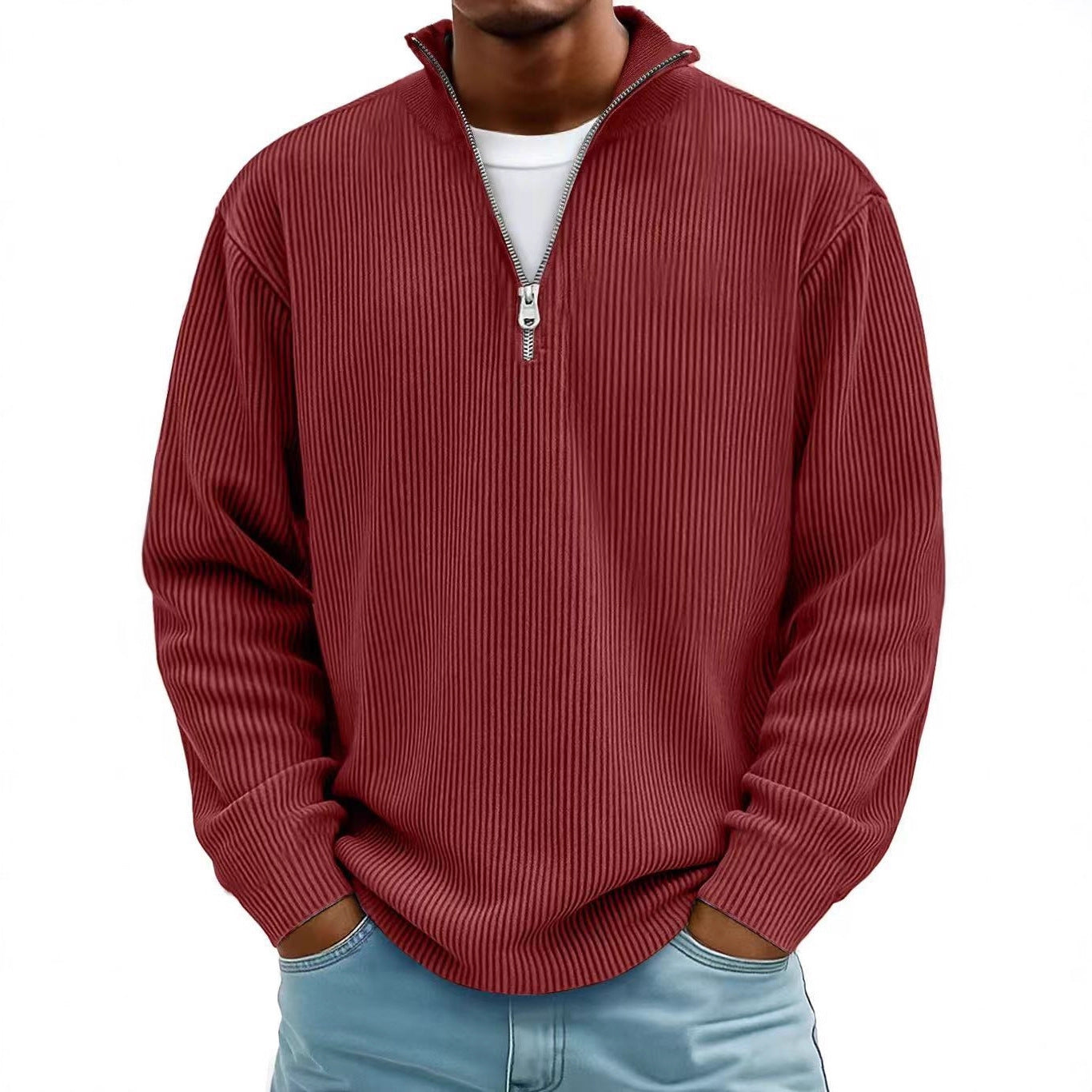 Corduroy Zipper Stand Collar Sweatshirt Fashion Warm Solid Color Long Sleeve Top Men's Casual Polo Shirt Clothing