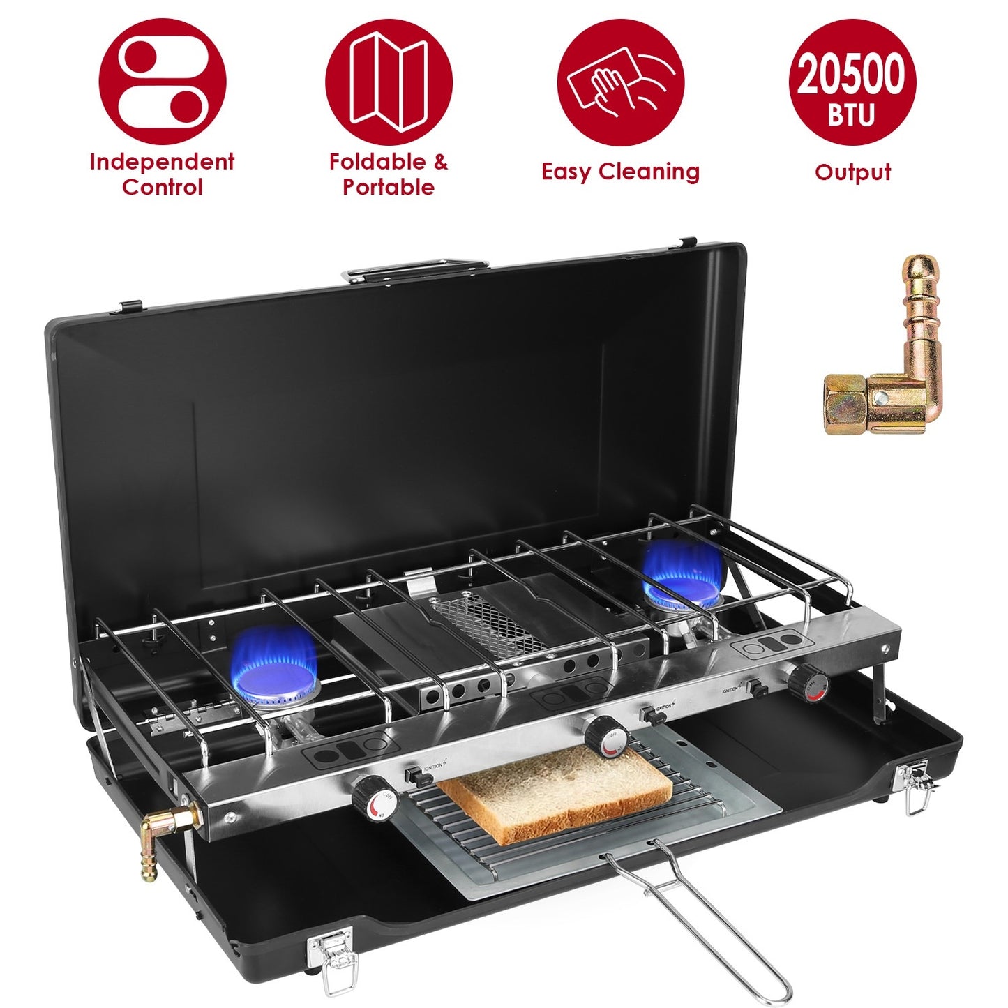 3 Burner Camping Stove 20000 BTU Portable Foldable Propane Stove With Toast Tray Windshield Portable Handle Outdoor Cooking Gas Stove For RV Camping BBQ Picnic