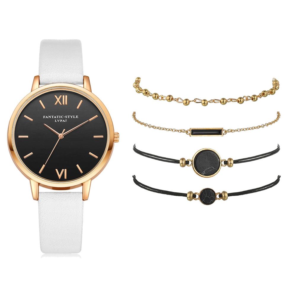 Women's Luxury Leather Band Quartz Watch Set 5 Pcs
